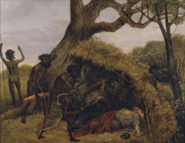 Natives discovering the body of William John Wills, the explorer, at Coopers Creek, June, unknow artist